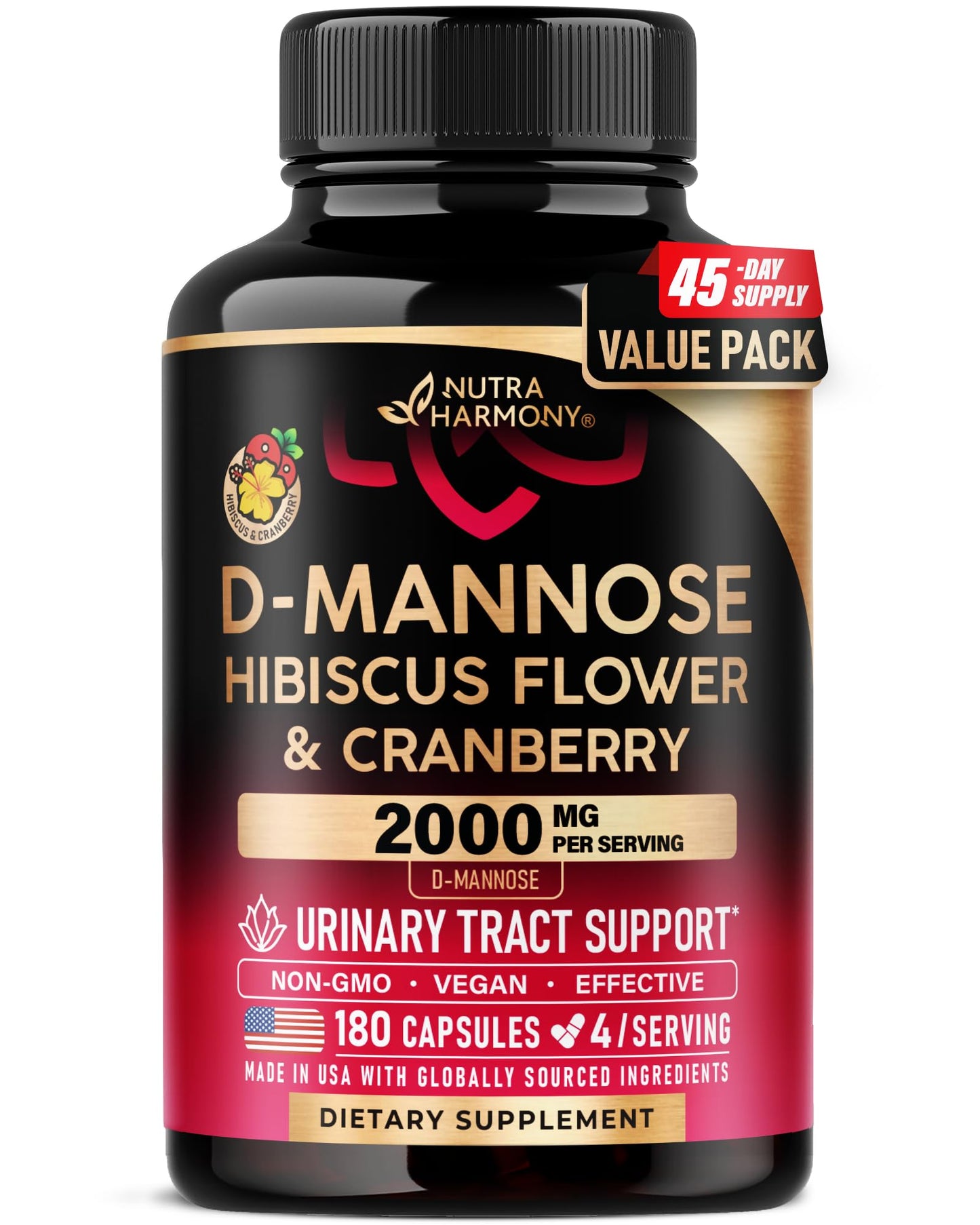 D-Mannose 2000mg with Cranberry & Hibiscus - Clinically Tested Strength for Urinary Tract Health - Supplement for Women - Bladder, Liver & Microflora Support - Made in USA - Vegan, 180 Capsules