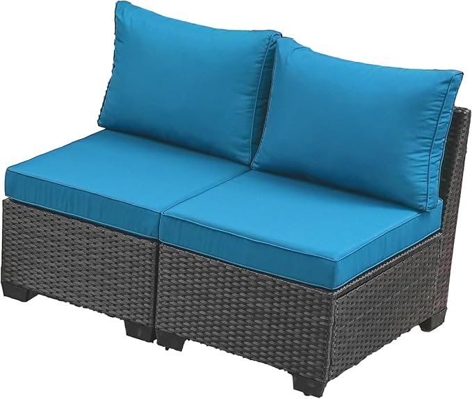 SunloungeCo 2 Piece Outdoor Wicker Armless Sofa, Patio Rattan Sectional Sofa Set with Thick Seat Cushions and 2 Back Cushions for Garden Patio, Backyard, Poolside Peacock Blue