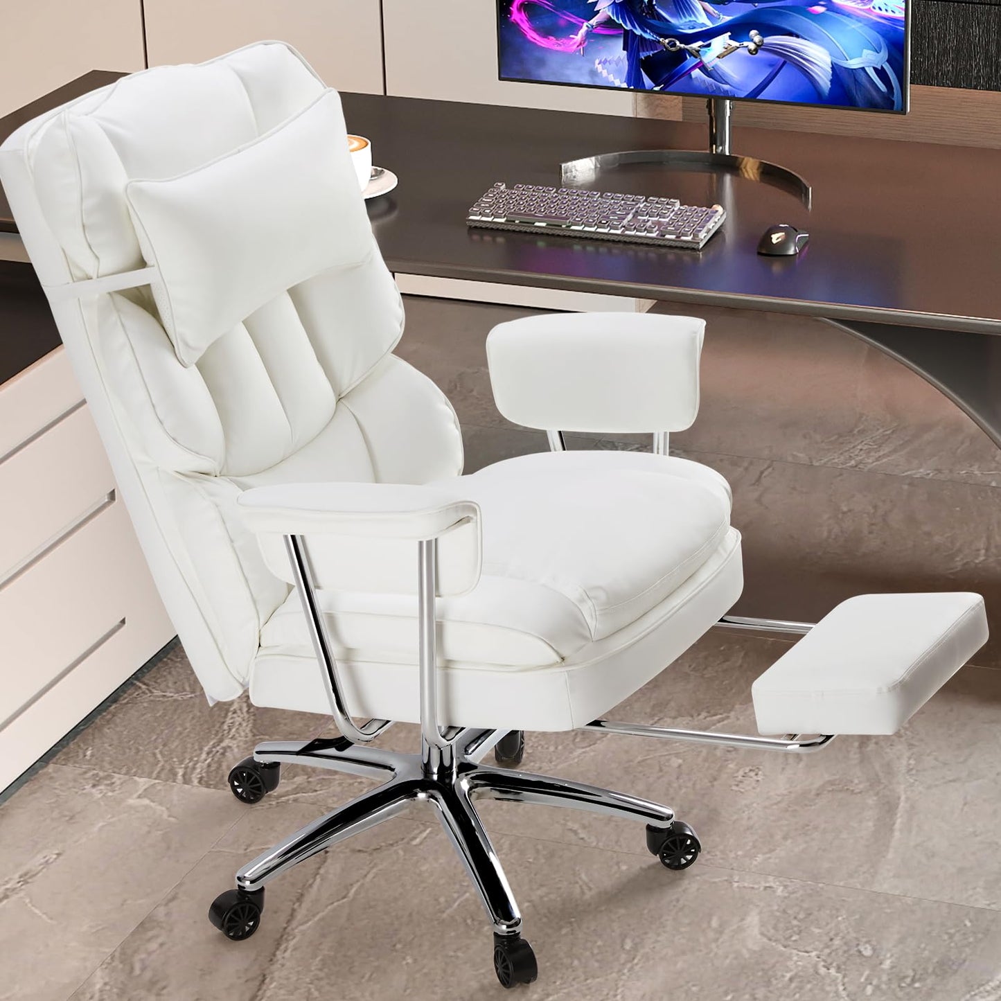 DUMOS Home Office Desk Executive Chair - Ergonomic Big Tall High Back with Footrest & Lumbar Support, Reclining Height Adjustable, Comfy PU Leather Computer Gaming with Swivel Wheels, White