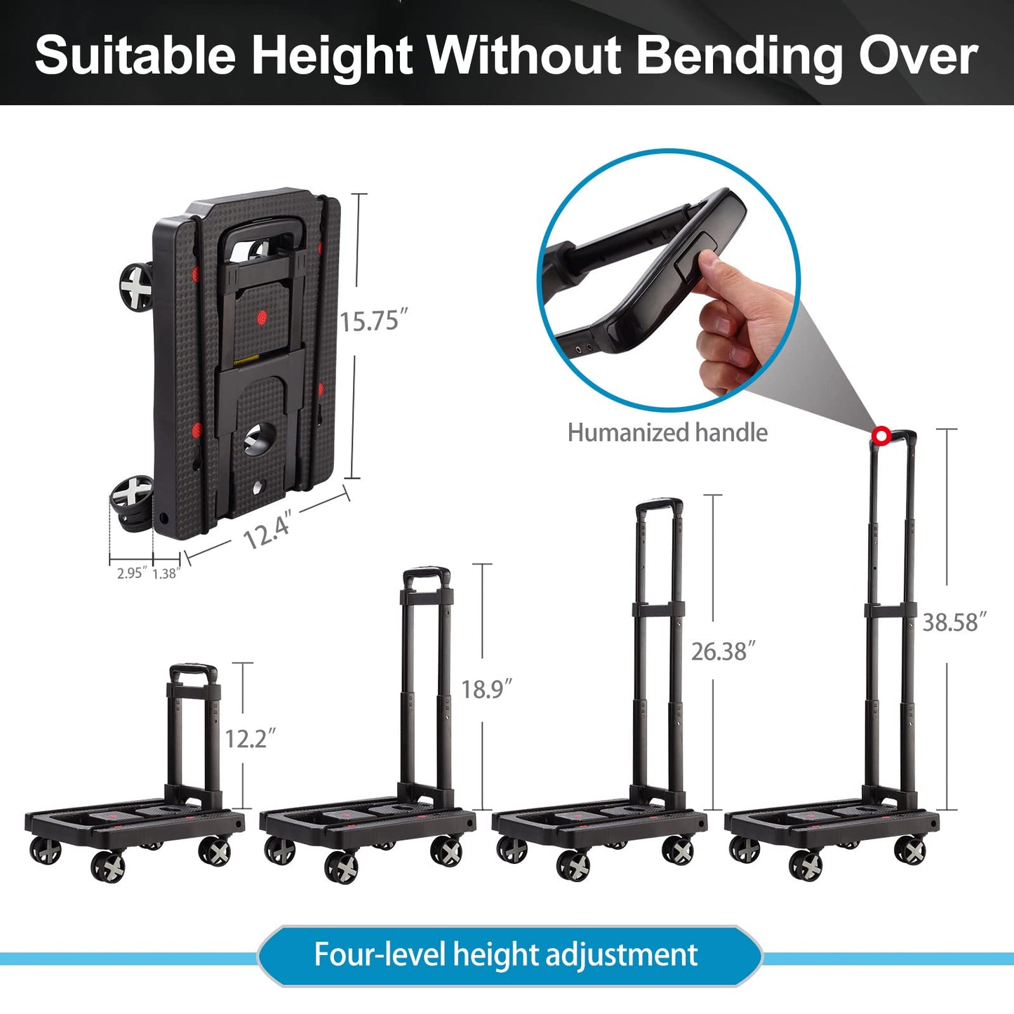 Folding Hand Truck Lightweight Hand Truck Dolly Foldable,Luggage cart with 4 Rotate Wheels, Utility Cart with Adjustable Handle,Collapsible Dolly for Moving