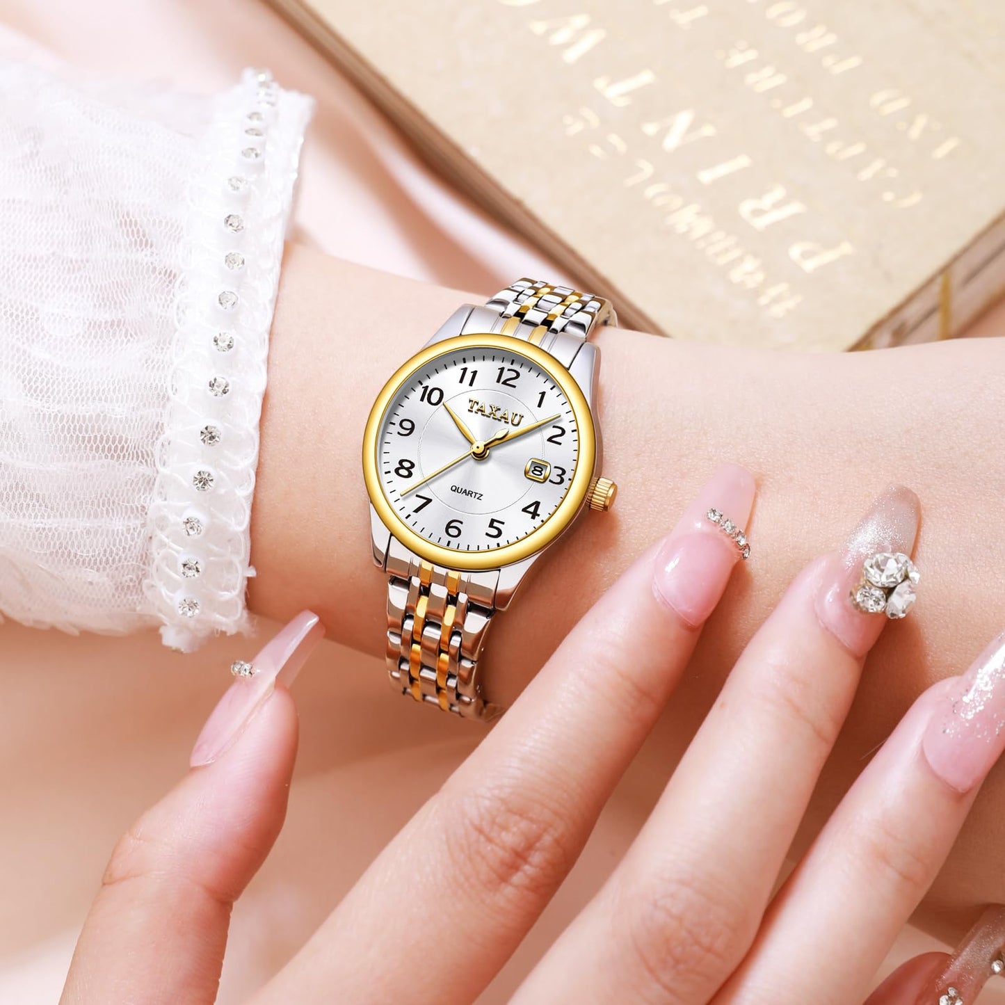 Taxau Small Face Womens Watch Silver Gold Two Tone Watches for Women Ladies Stainless Steel Waterproof Easy Read Womens Watch with Date Dress Quartz Women Wrist Watches Reloj para Mujer