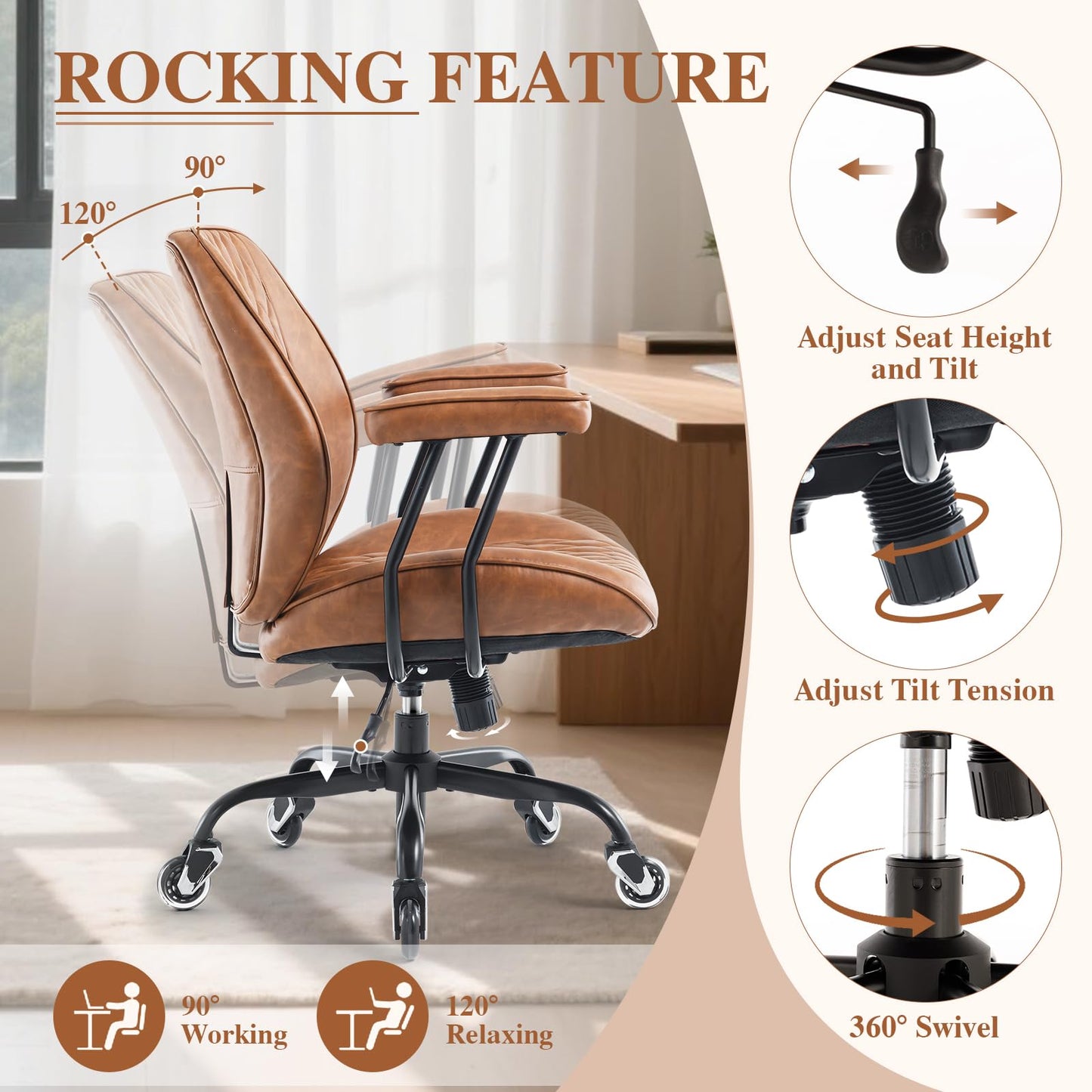 Home Office Desk Chair Mid-Century Modern Faux Leather Chair with Lumbar Support, Mid Back Ergonomic Computer Chair Swivel Rolling Executive Armchair