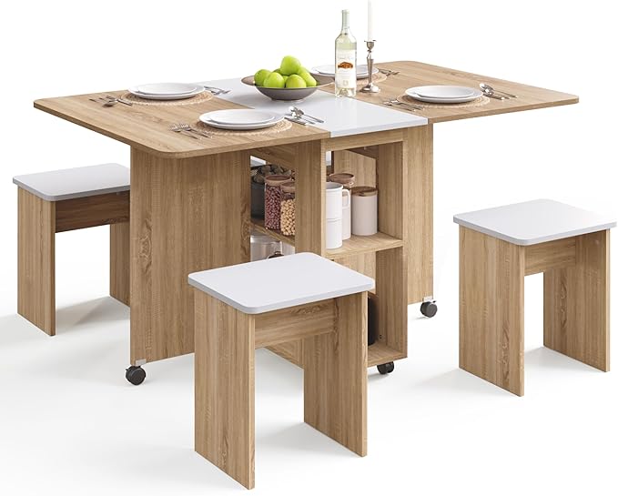 Mondeer Folding Dining Table Set for 4, Drop Leaf Table with 4 Chairs for Small Spaces, Dining Room Table Set with Storage...