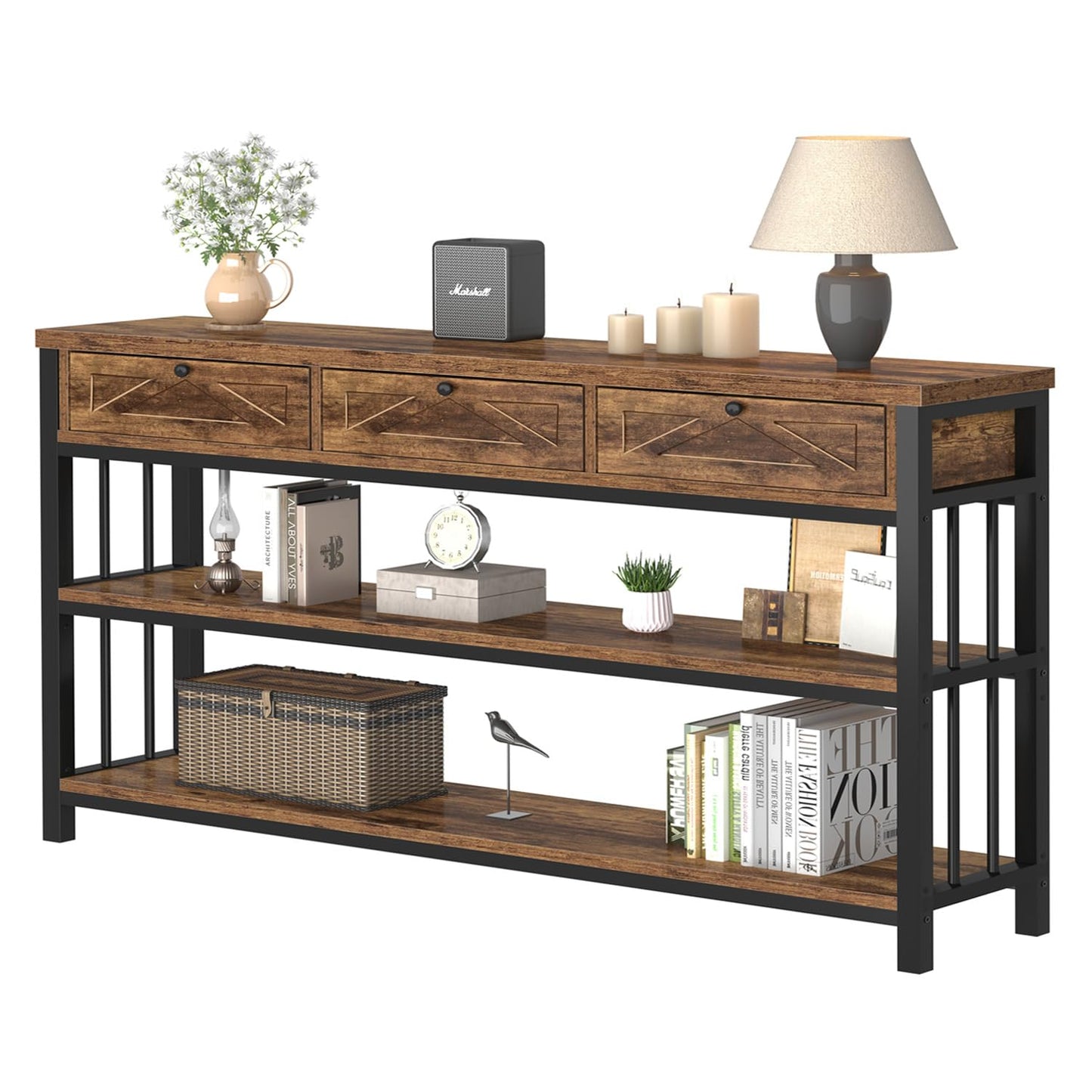 HSH Entryway Table with 3 Drawers, 55” Rustic Sofa Table with Storage Shelves, 3 Tier Console Table Behind Couch for Living Room, Farmhouse Wood Metal Entry Hallway Table for Entrance, Brown, 55 inch