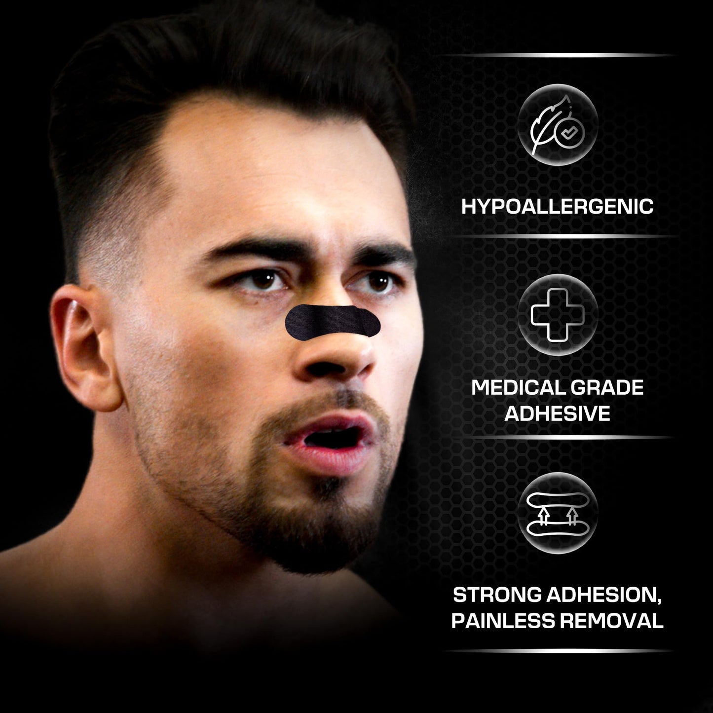 Performance Nose Strips for Breathing (60 Count) - Oil & Sweat Proof Adhesive - Athletic Nasal Strips for Snoring & Sleeping - Black, Wide, Universal Fit, Extra Strength Snoring Solution for Sleep
