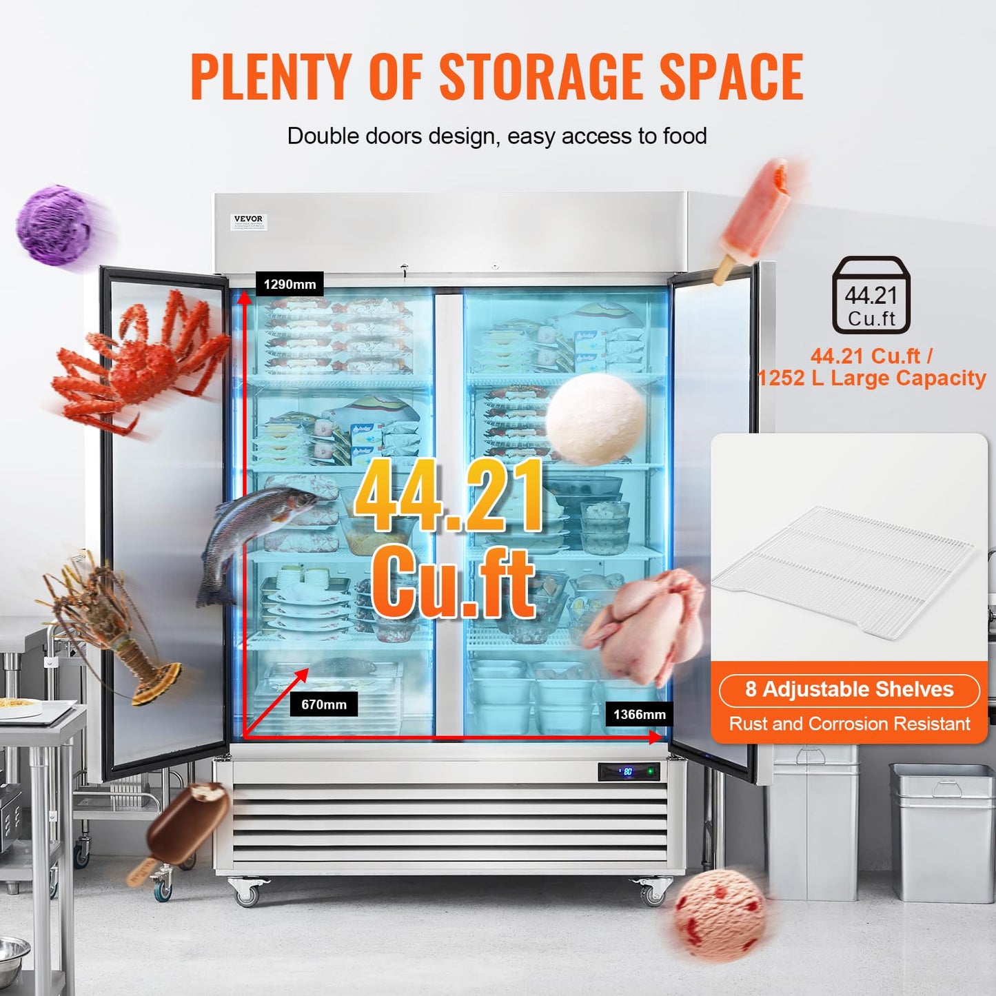 Vevor Commercial Freezer 44.21 Cu.Ft, Reach In 54.4 W Upright Freezer 2 Doors, Auto-Defrost Stainless Steel Reach-In Freezer Wit