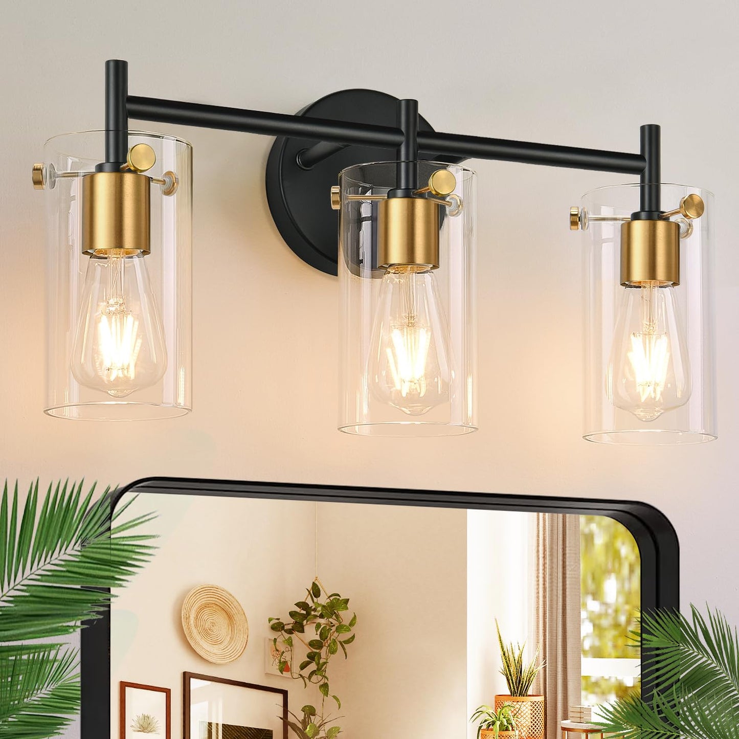 Bathroom Light Fixtures 2024 Upgrade, 3-Light Black and Gold Vanity Light, Black Bathroom Lights Over Mirror with Clear Glass Shade for Mirror Bedroom Living Room