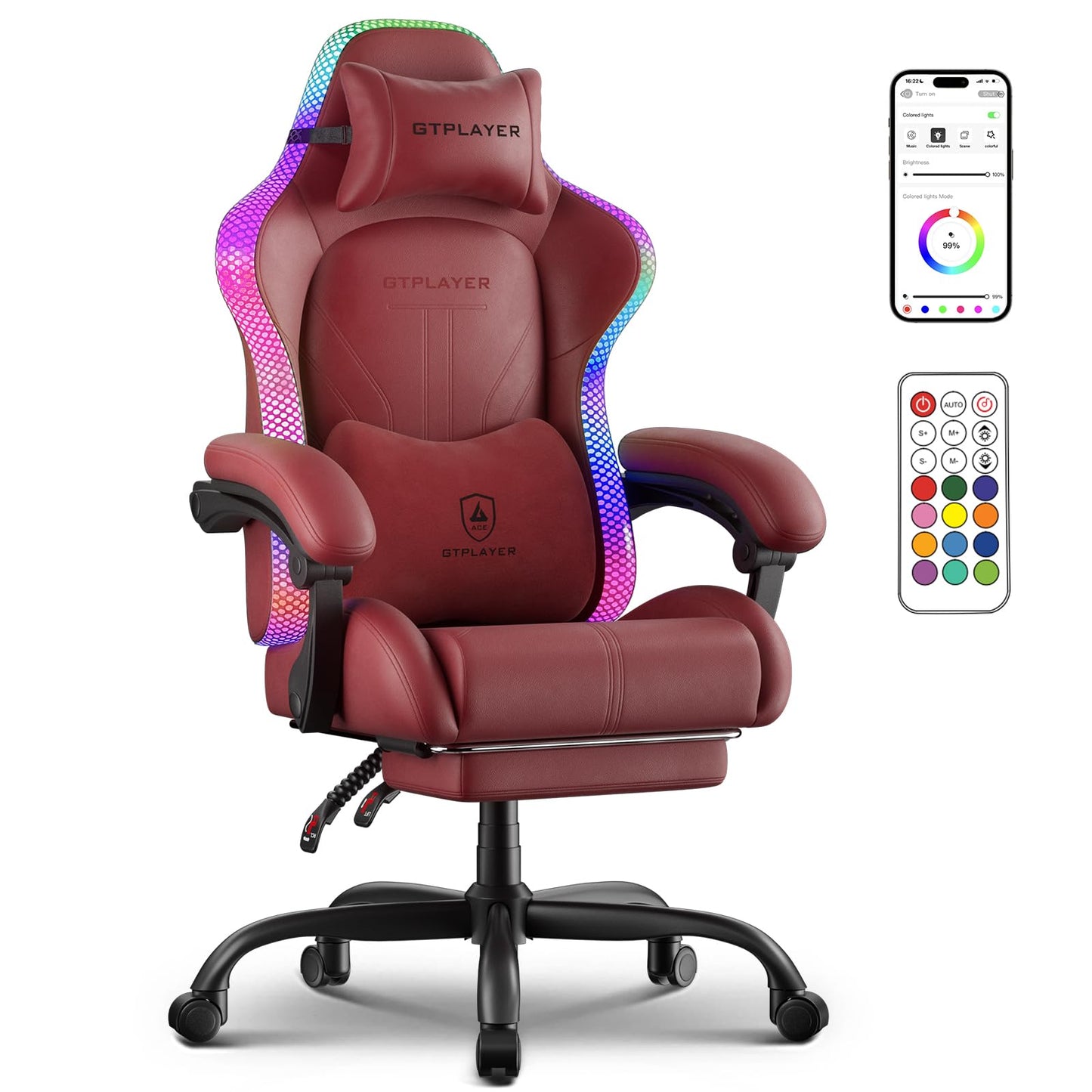 GTPLAYER Gaming Chair, Computer Chair with RGB LED Lights, High Back Ergonomic Chair for Adults with Footrest, Reclining Office Chairs, Linkage Armrest, Wine Red