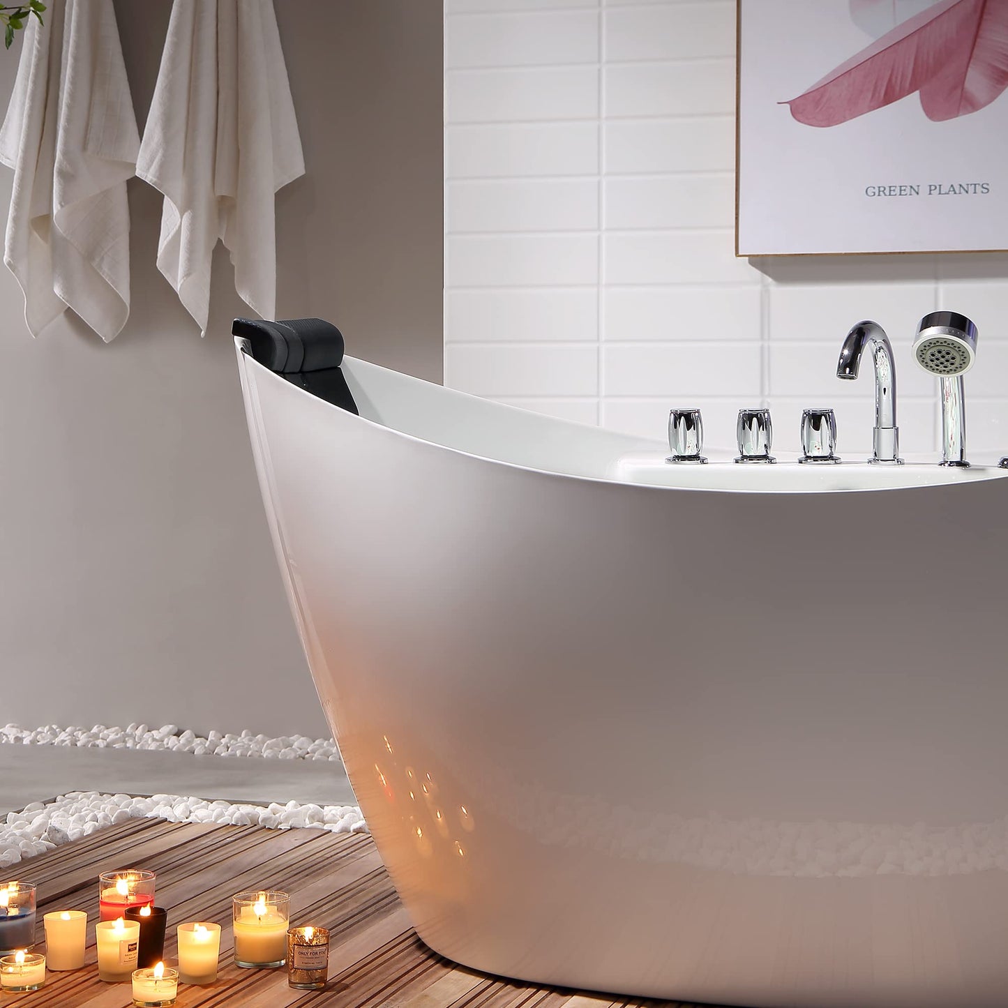 Empava 59 in. Acrylic Freestanding Tub Hydromassage Gracefully Oval Shaped Whirlpool 8 Water Jets Soaking SPA, Double-Ended Massage Bathtub with 2 Black Pillows