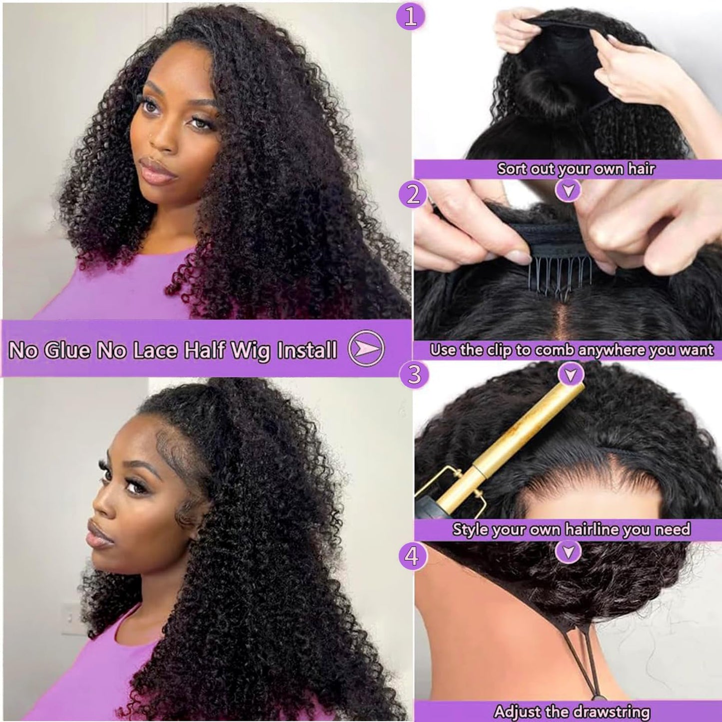 Vedusal Half Wig Human Hair Jerry Curly Half Wig 200% Density Wear And Go Glueless Wigs Human Hair 3 In 1 Half Wigs With Drawstr