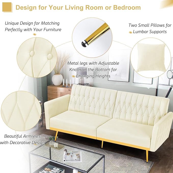 ACMEASE 70” Velvet Futon Sofa Bed with 2 Pillows and Adjustable Armrests, Convertible Sleeper Bed W/Adjustable Backrests, Modern Loveseat for Living Room, Bedroom, Beige
