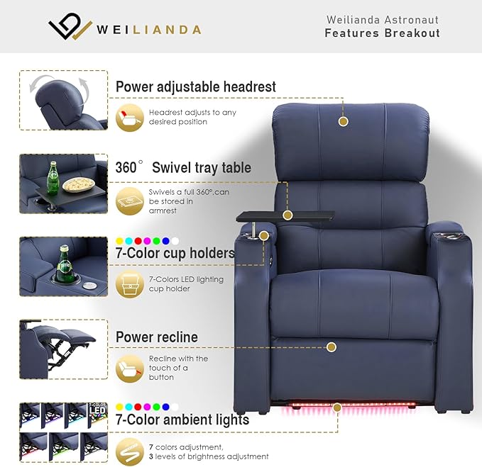 Weilianda Home Theater Seating, Top Grain Leather Sectional Seats Recliner Chair, Zero Gravity Reclining Sofa with Power Headrest 7 Colors Ambient Lighting USB C Charge Row of 4 Loveseat Middle Blue