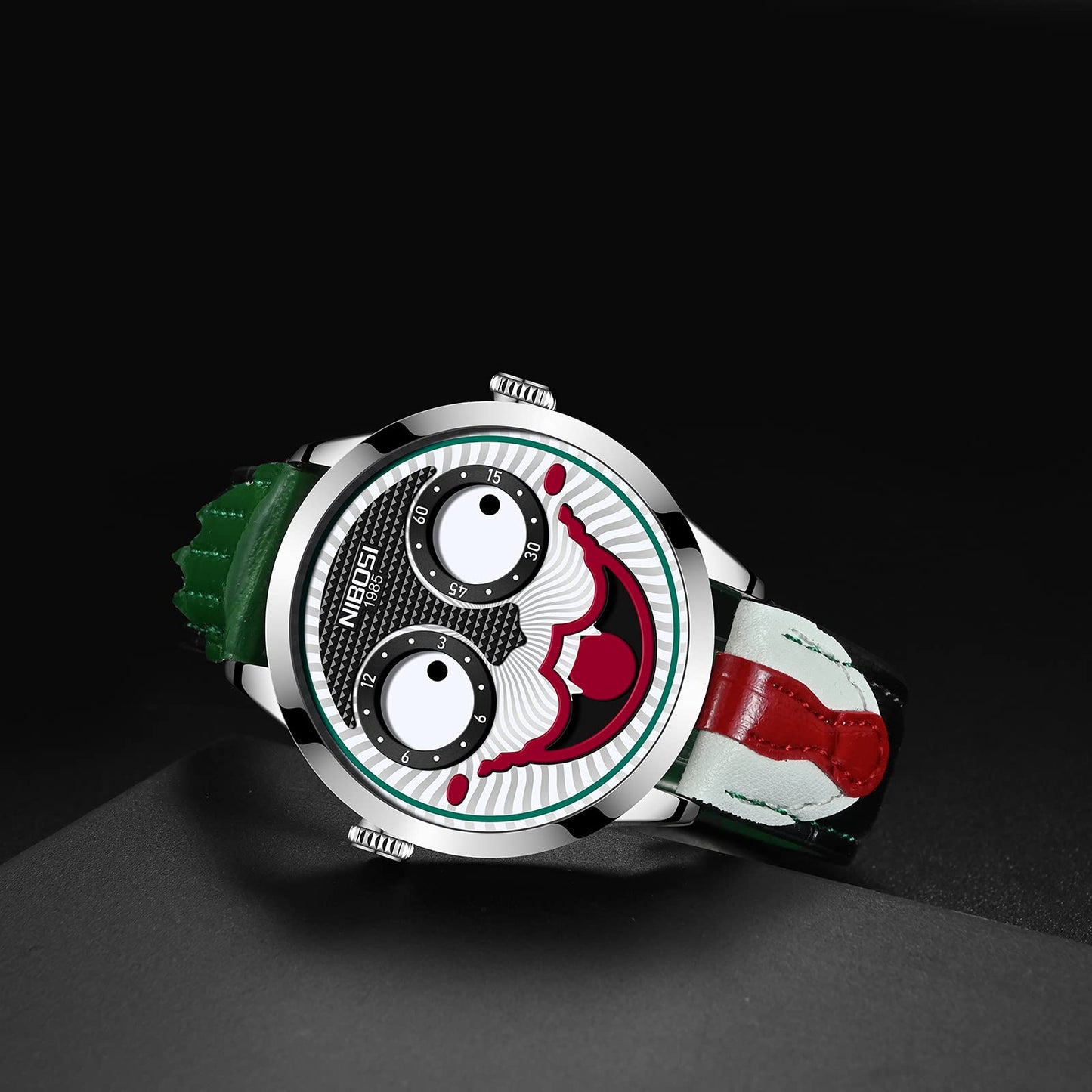 NIBOSI Watches for Men Analog Quartz Clown Dial Unique Weird Fashion Cool Wrist Watch Waterproof Green Leather Strap Men's Watches