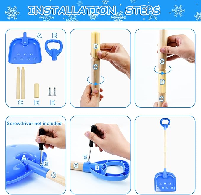 2PCS Kids Snow Shovel, 32" H Detachable Wooden Childs Snow Shovel with Plastic D-Grip Handle and Scoop Winter Children Shovel Blue Pink Toddler Shovel Outdoor Play Snow Gift for Boy Girl Snow Removal