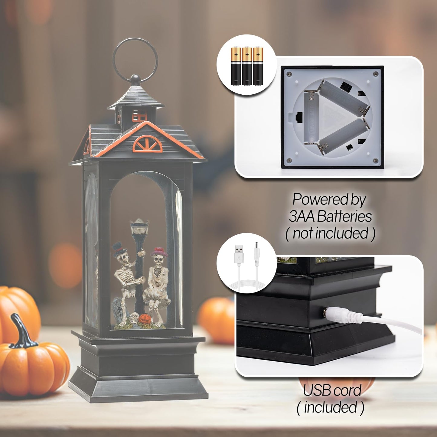 Halloween Snow Globe Lantern with Skull - Ghost Projection Water Lantern with Music - Skeleton Couple with Streetlight and Pumpkin Halloween Decoration for Home - USB or Battery Powered (Style 1)