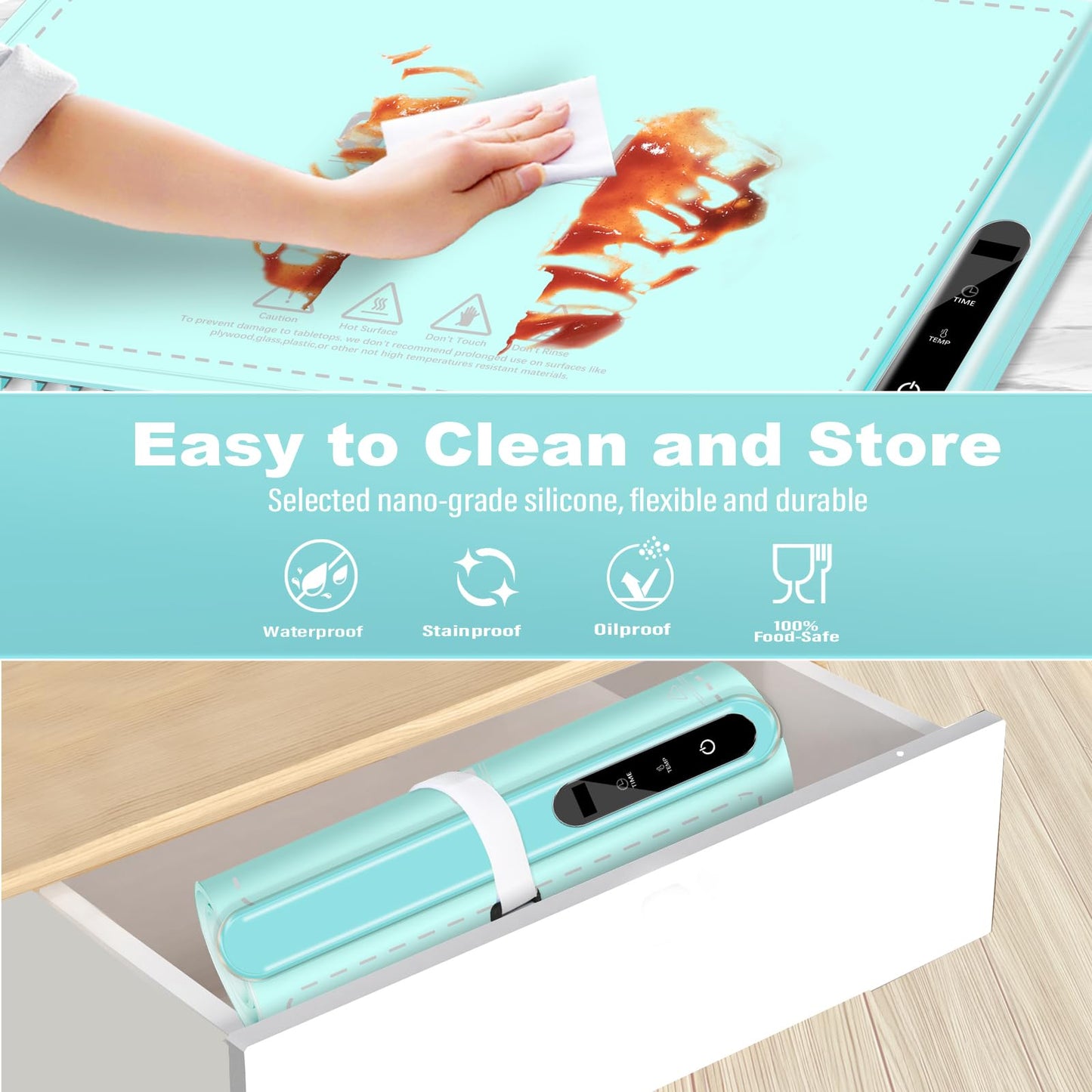 Warming Mat for Food Warmer Heating: Electric Silicone Hot Trays & Warm Buffer Plate 7-Level Temperature Control,Foldable Heat Pad,Keep Dishes Heater,Gift for Kitchen & Party - Seafoam