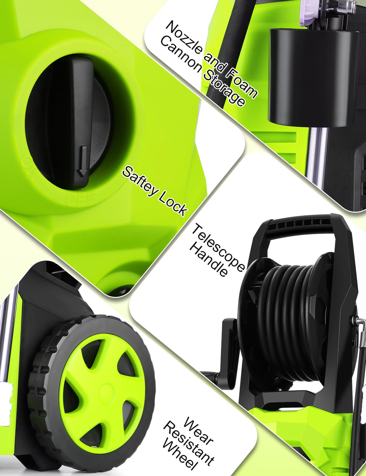 commowner 5000PSI Electric Pressure Washer - 2025 New Power Washer with Upgraded 33ft Pressure Washer Hose Reel, Foam Cannon, 4 Nozzle Set, Power Washer for House/Patios/Car/Fence, Green