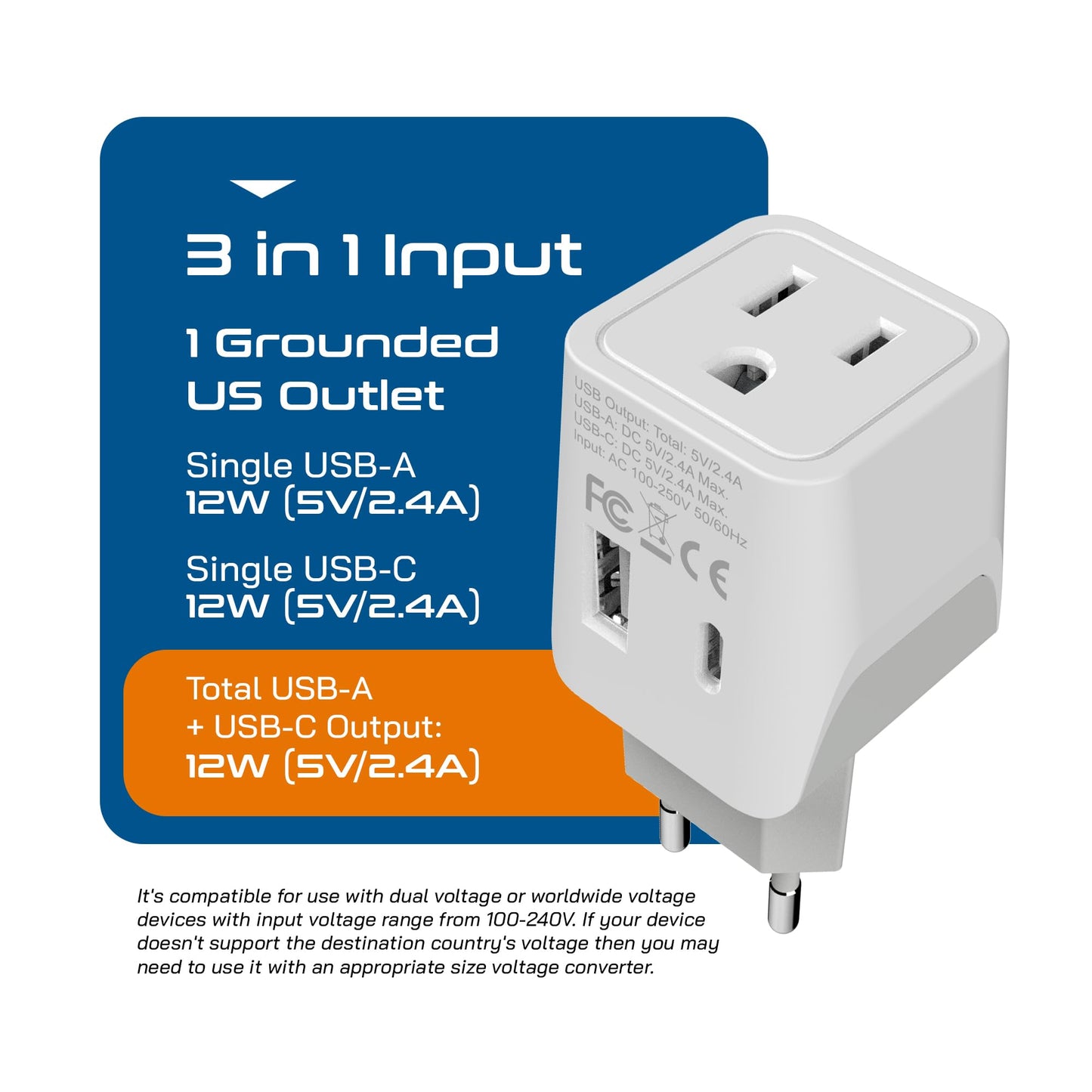 Ceptics 3 In 1 European Travel Plug Adapter - Compact Type C Adapter With Usb-A & Usb-C, Ideal For Phones, Laptops, Cameras & Mo