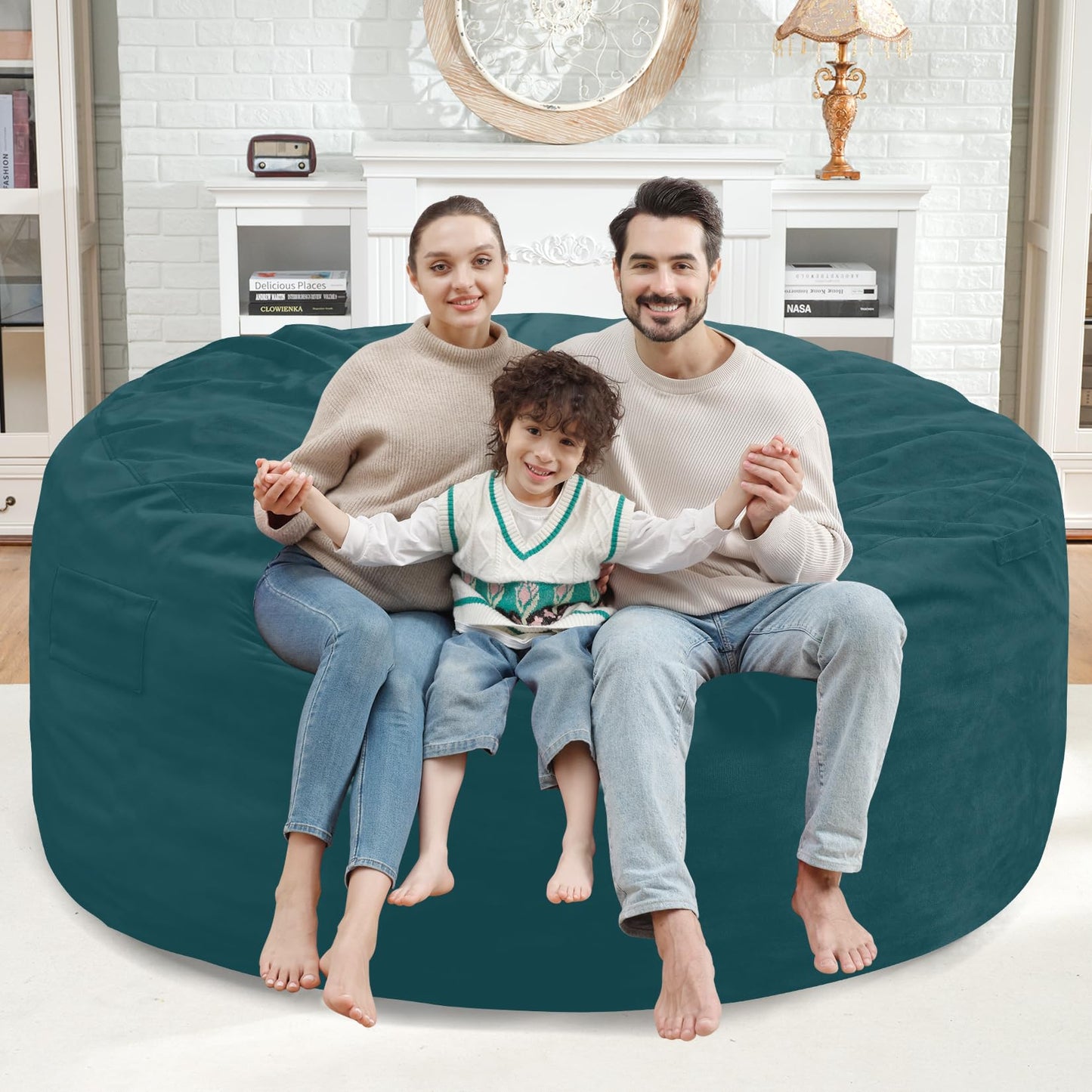 SIMFLAG 5FT Bean Bag Chair, Large Bean Bag Chairs with Memory Foam Filled, Fluffy Beanbag Sofa with Dutch Velvet Cover, Round BeanBag Chairs for Living Room, Playroom- Sea Blue