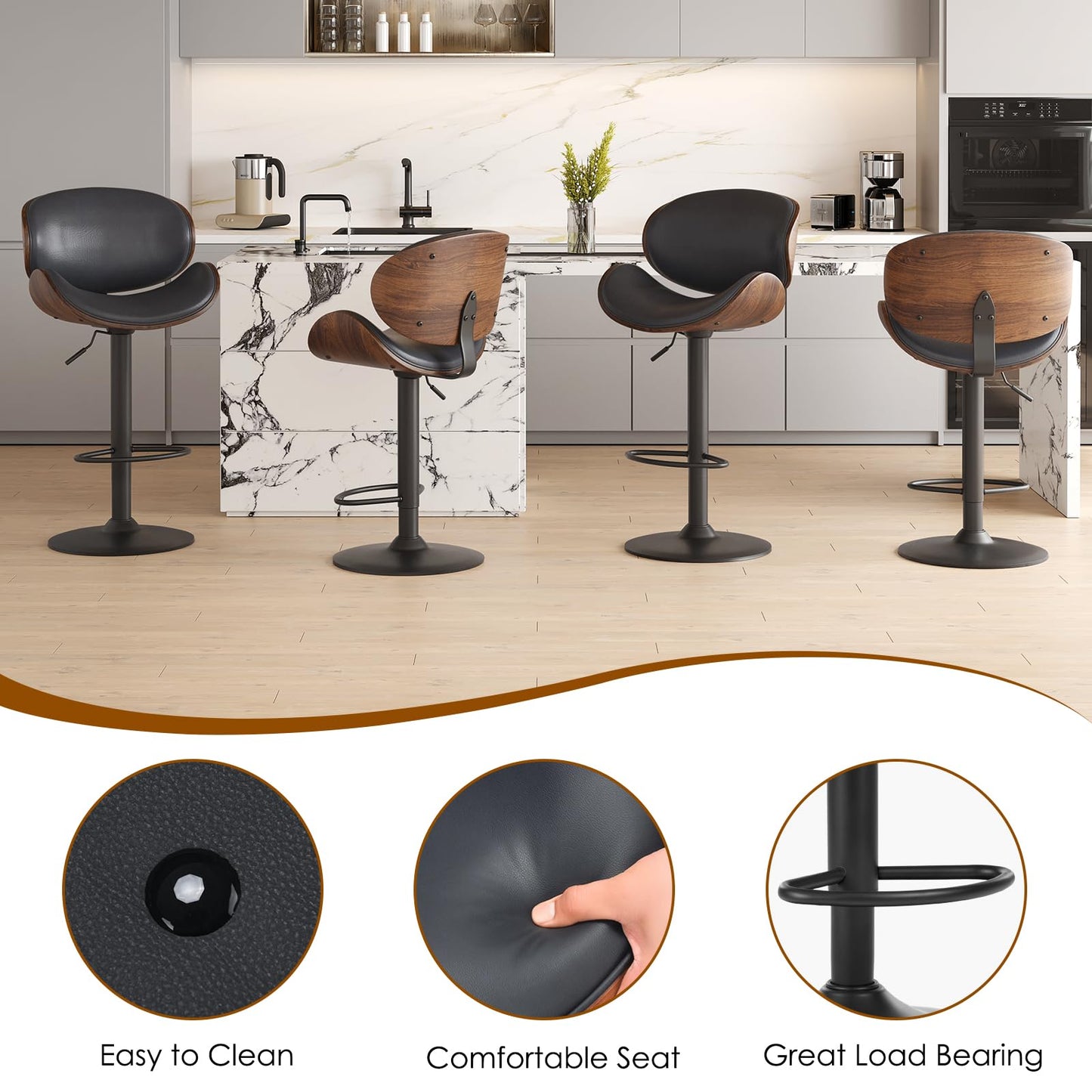 Soohow Adjustable Bar Stools Set for 2, Ergonomic Modern Swivel Bar Stools with Back for Kitchen Island, PU Leather Bar Stool with Footrest Mid Century Barstools, Industrial Counter Height Bar Stools