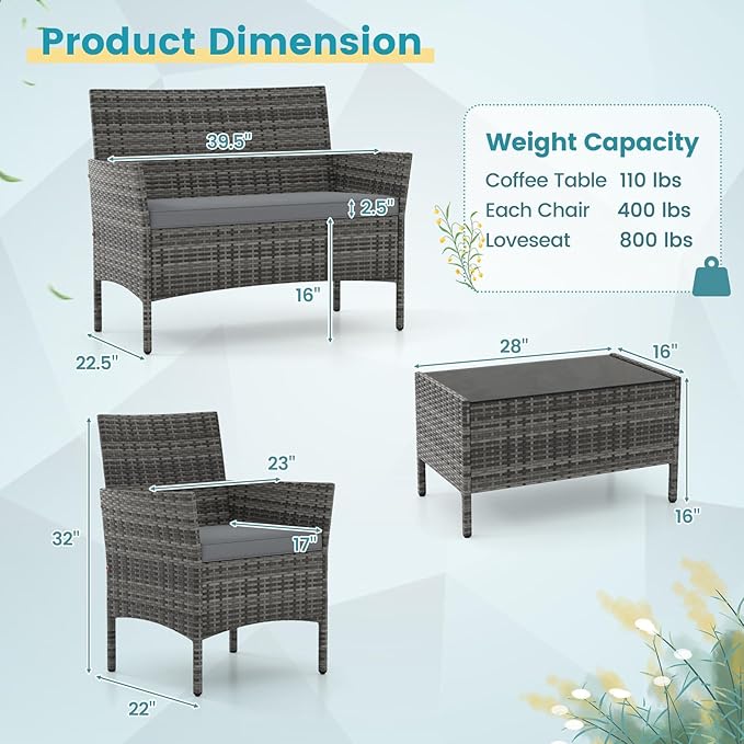 RELAX4LIFE 8-Piece Patio Furniture Set - Rattan Outdoor Conversation Bistro Set w/Cushions, Glass Coffee Table, Wicker Chairs & Loveseat for Garden Backyard Porch, Balcony Furniture Set (2, Mix Grey)