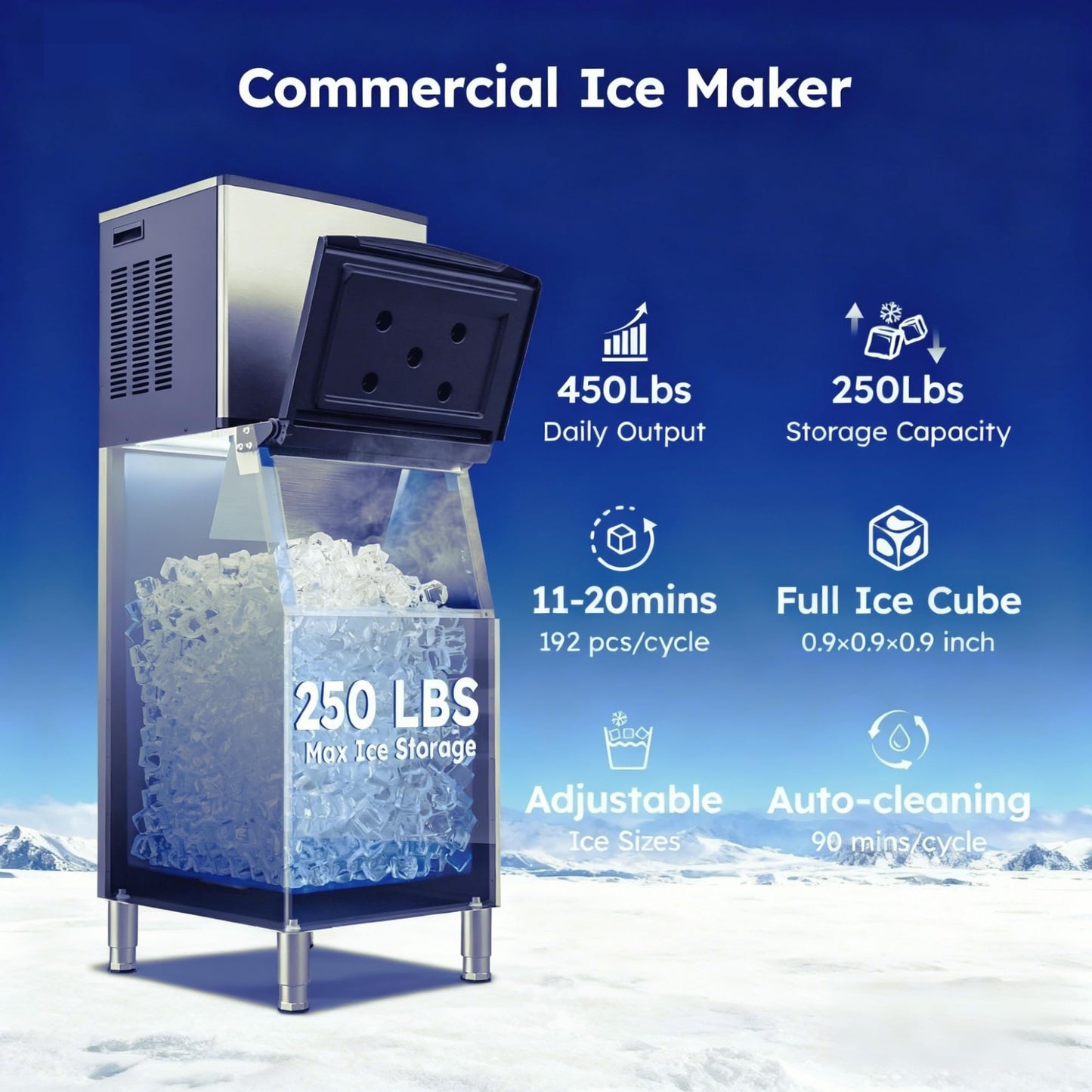 450 lbs/Day Commercial Ice Maker, Industrial Ice Machine with 250 lbs Storage Capacity, Auto-Cleaning Feature, Ice in 8-15 min, Ideal for Bar/Cafe/Restaurant