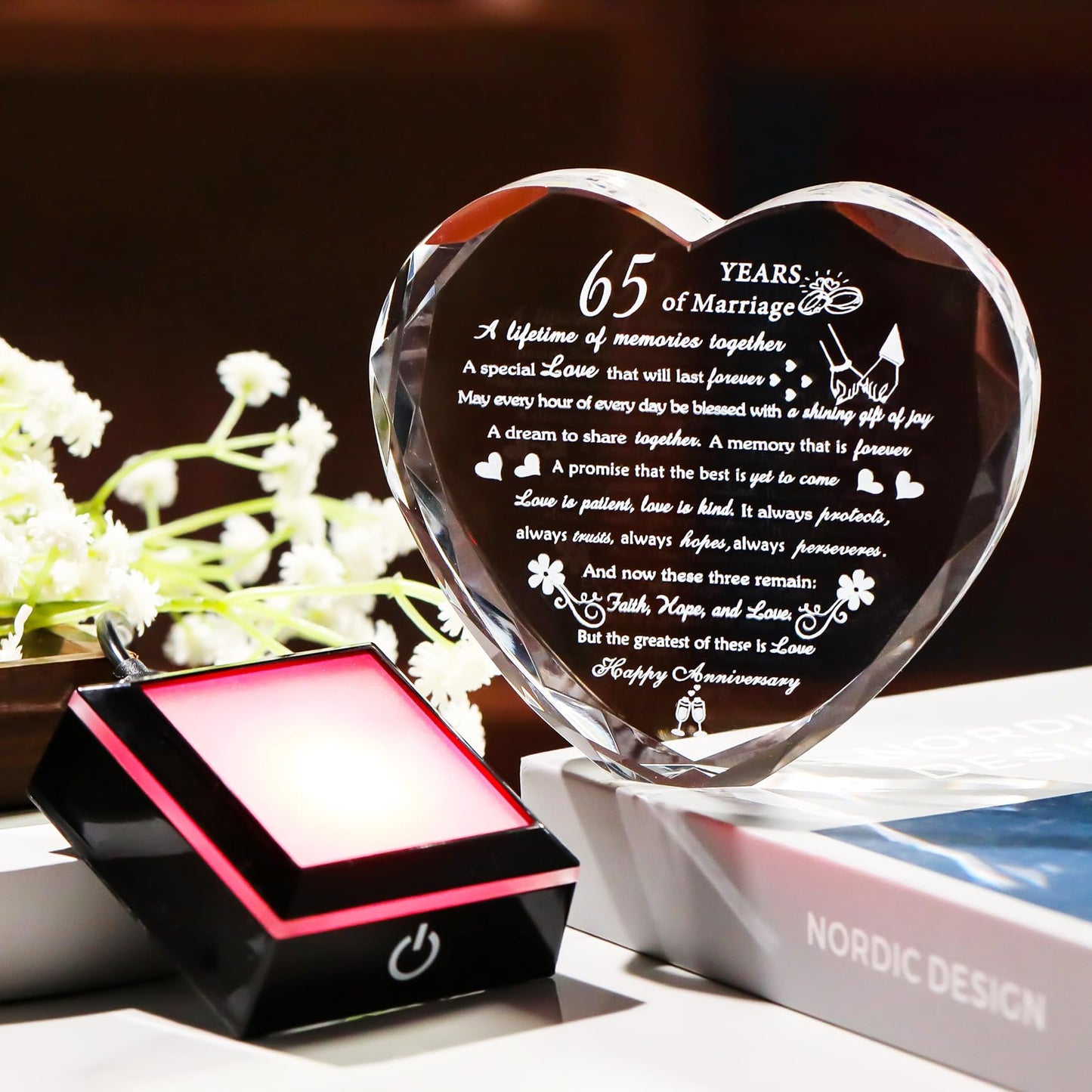 Happy 65th Wedding Anniversary Crystal Gifts for Couples Parents with Light Base, Romantic Heart 65th Anniversary Keepsake Gifts for Her Him, 65 Years of Marriage Gift for Wife Husband