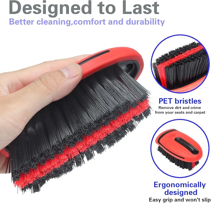 Carpet and Interior Cleaning Brushes, car wash Brush, Carpet Washing Brushes, Hard Bristle Detail Brushes, car and Home Interior Leather Brushes (Red)