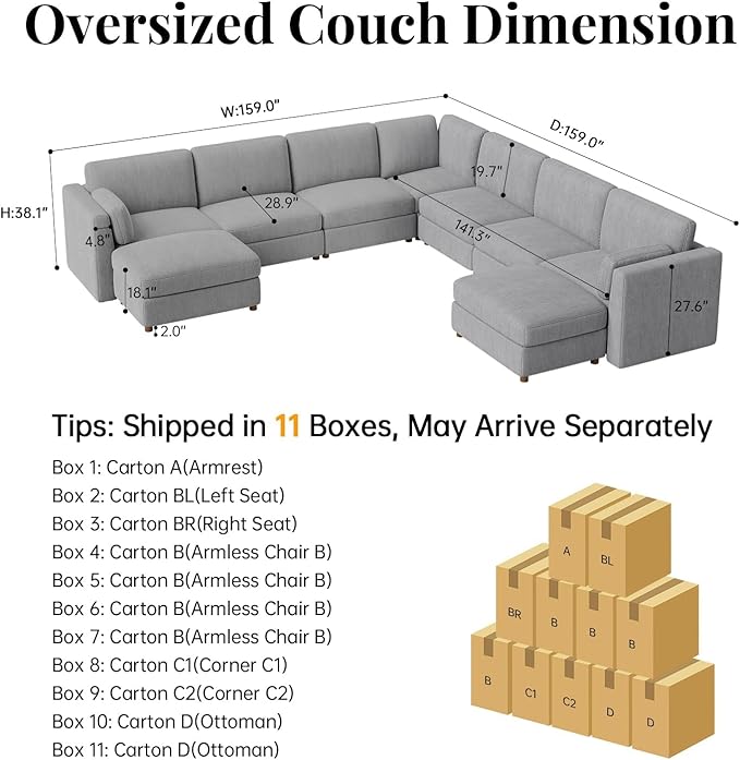 CUGOAO 159'' Modular Sectional Sofa,9-Seater Oversized U-Shaped Sectional Couch with Ottoman, Deep Seat Chenille Cloud Couch, Mordern Upholstered Couches for Living Room, Apartment, Office, Grey