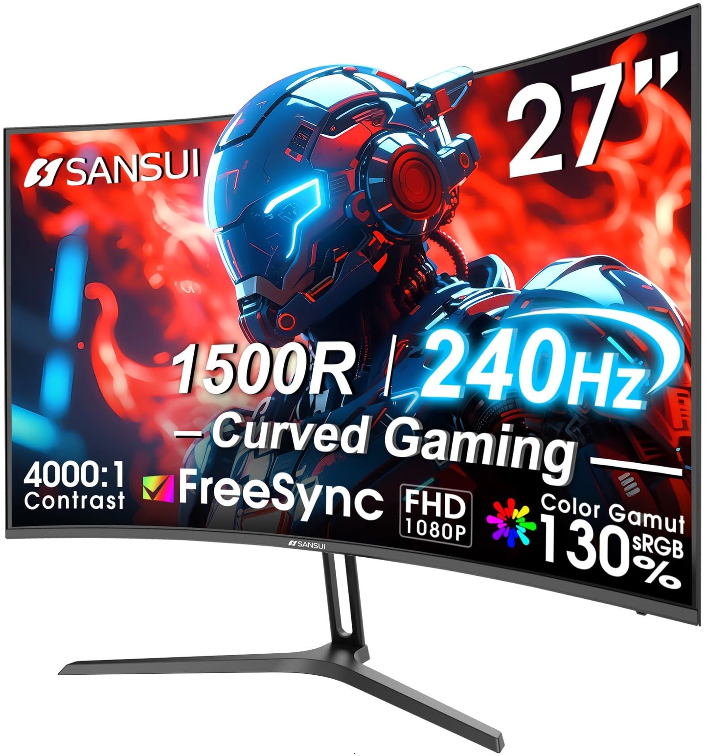 SANSUI 27 Inch Curved 240Hz Gaming Monitor FHD 1080P, 1500R Curve Computer Monitor, 130% sRGB, 4000:1 Contrast, HDR, FreeSync, M