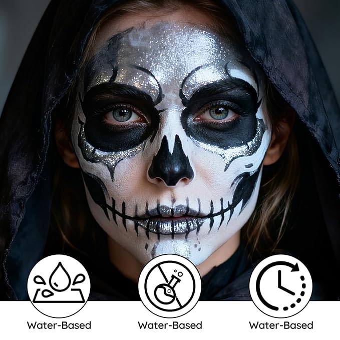 Black White Silver Face Paint - Water-Based Non-Toxic Face Body Paint Kit for Vampire White Tiger, Full Coverage Washable Formula for Halloween Cosplay, Costume Parties，Stage Performances