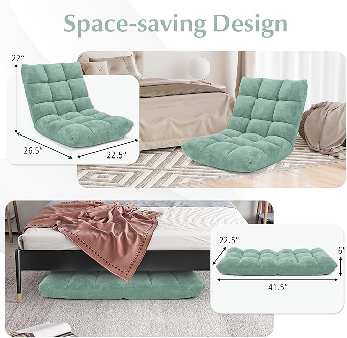 DREAMADE Folding Floor Chair w/Back Support, 14-Position Adjustable Lazy Sofa Chair w/Coral Velvet Fabric & Alloy Steel Frame, Portable Meditation Chair for Reading, Gaming,Sleeping (Green)