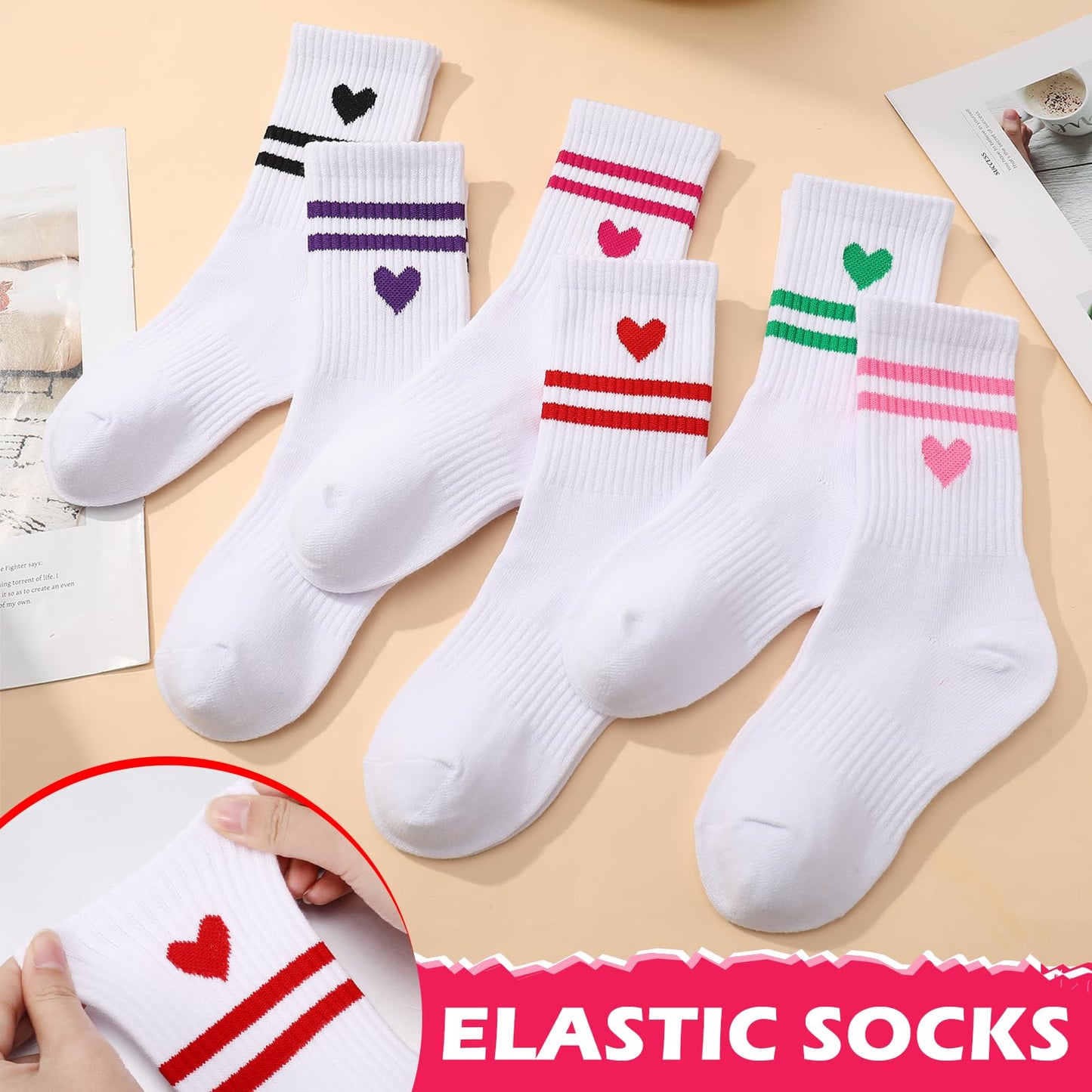 Jspupifip Heart Socks 6 Pairs Crew Athletic Cotton Women Striped Socks with Retro Stripes Hearts M