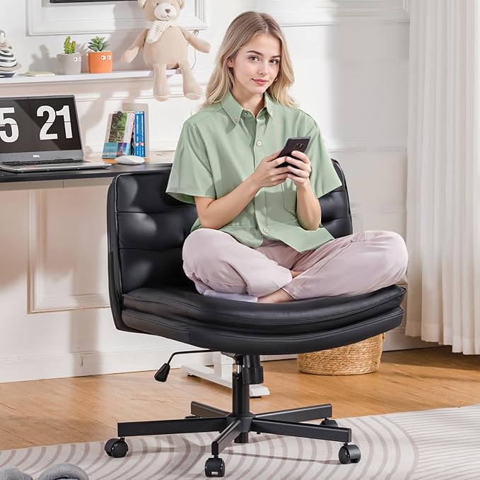 GTRACING Criss Cross Legged Office Chair with Wheels, Extra Wide Armless Comfy Desk Chair for Home Bedroom, 2 Layer Cushion Large Seat & Back Support X-Legged Chair, Black PU Leather Adjustable Height
