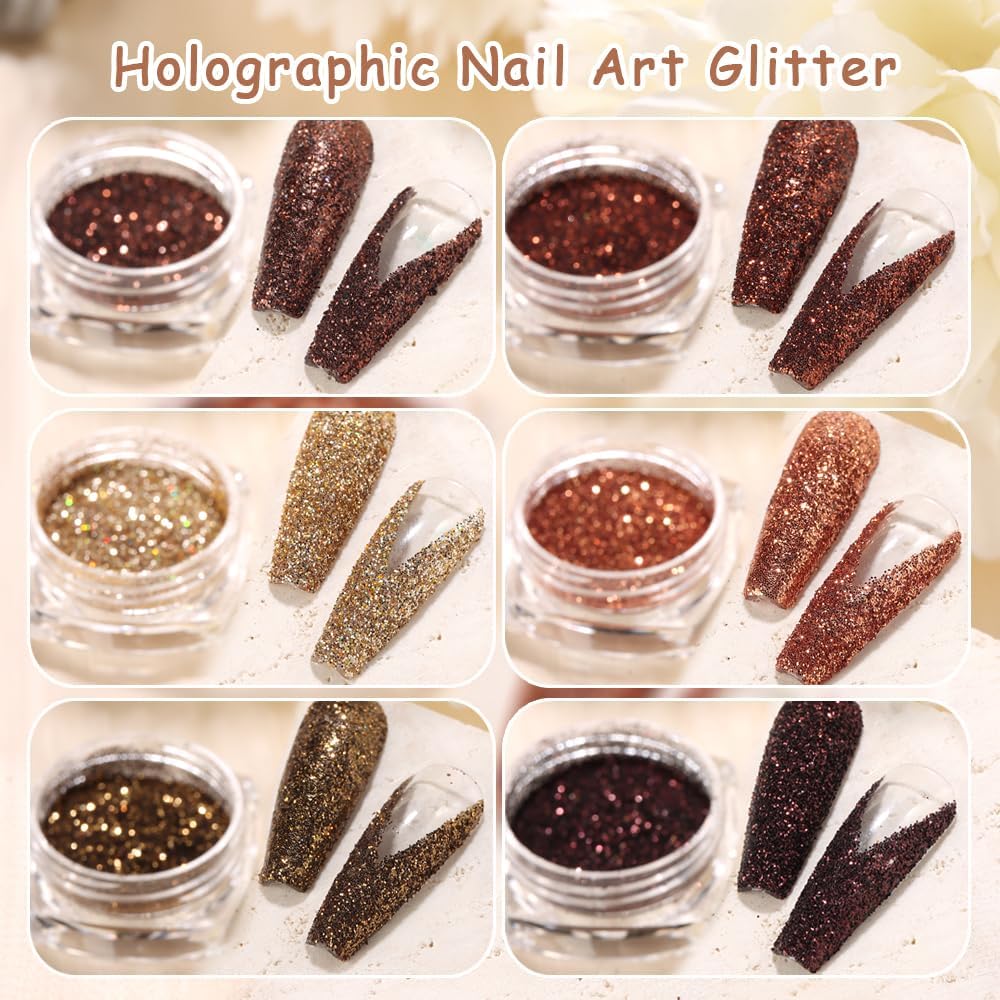 6 Colors Holographic Nail Art Glitter, Ultra Fine Metallic Shining Glitter Dust, Retro Champagne Golden Reflective Sugar Dipping Pigment for DIY Gel Polish Nail Art Decoration, Resin Craft