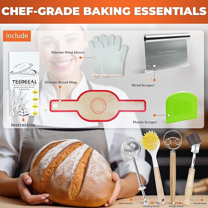 9.2 QT Heavy Duty Pre-seasoned Cast Iron Bread Pan, Large Loaf Dutch Oven with Lid, Sourdough Bread Baking Pan - Compatible with Ceramic/Cooktops/Ovens/Grill/Campfire - with lame, Flour Duster, etc