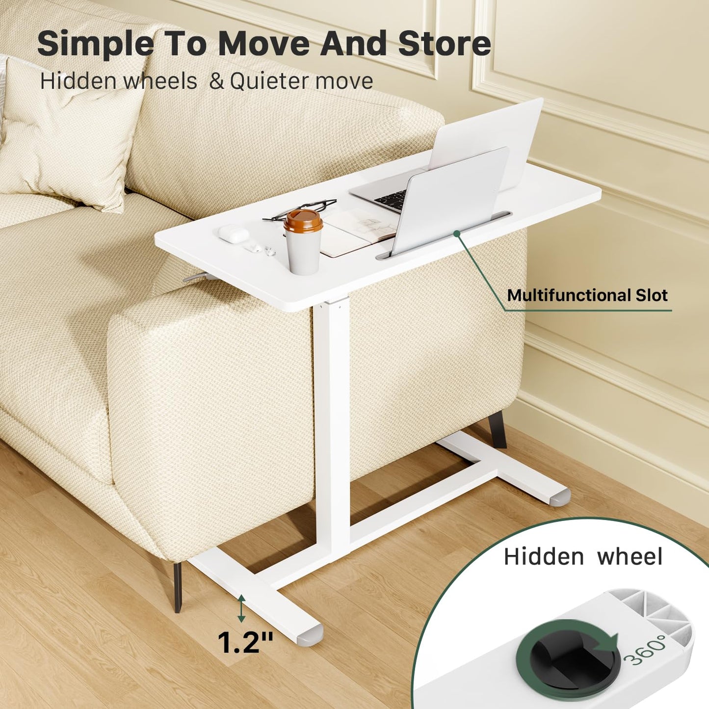 Gibbon Mounts Mobile Standing Desk, Pneumatic Adjustable Rolling Desk(31.5 Inches), Portable Laptop Desk with Wheels, Overbed Bedside Table Laptop Table for Couch, Home, Office, White