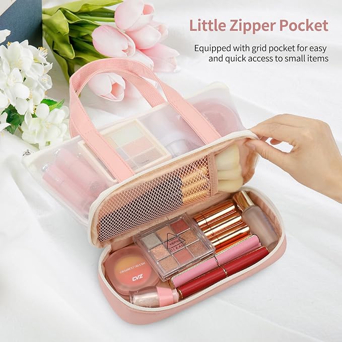 Small Multi-Functional Makeup Bag for Teens and Women Cute Cosmetic Case with Zipper Pouch/Double Handle for Travel Daily Use Multi-Scene Storage - Perfect Christmas or Birthday Gift for Girls - Pink