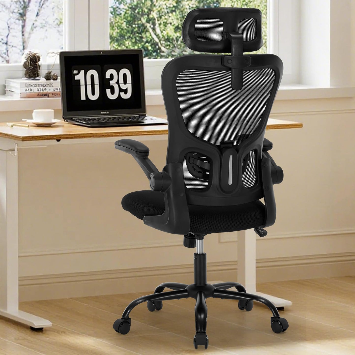 Office Chair Ergonomic Desk Chair High Back Mesh Computer Chair with Adjustable Lumbar Support & Headrest, Flip-Up Armrests, 300lbs Capacity 360 Swivel Chair for Home Office, Black