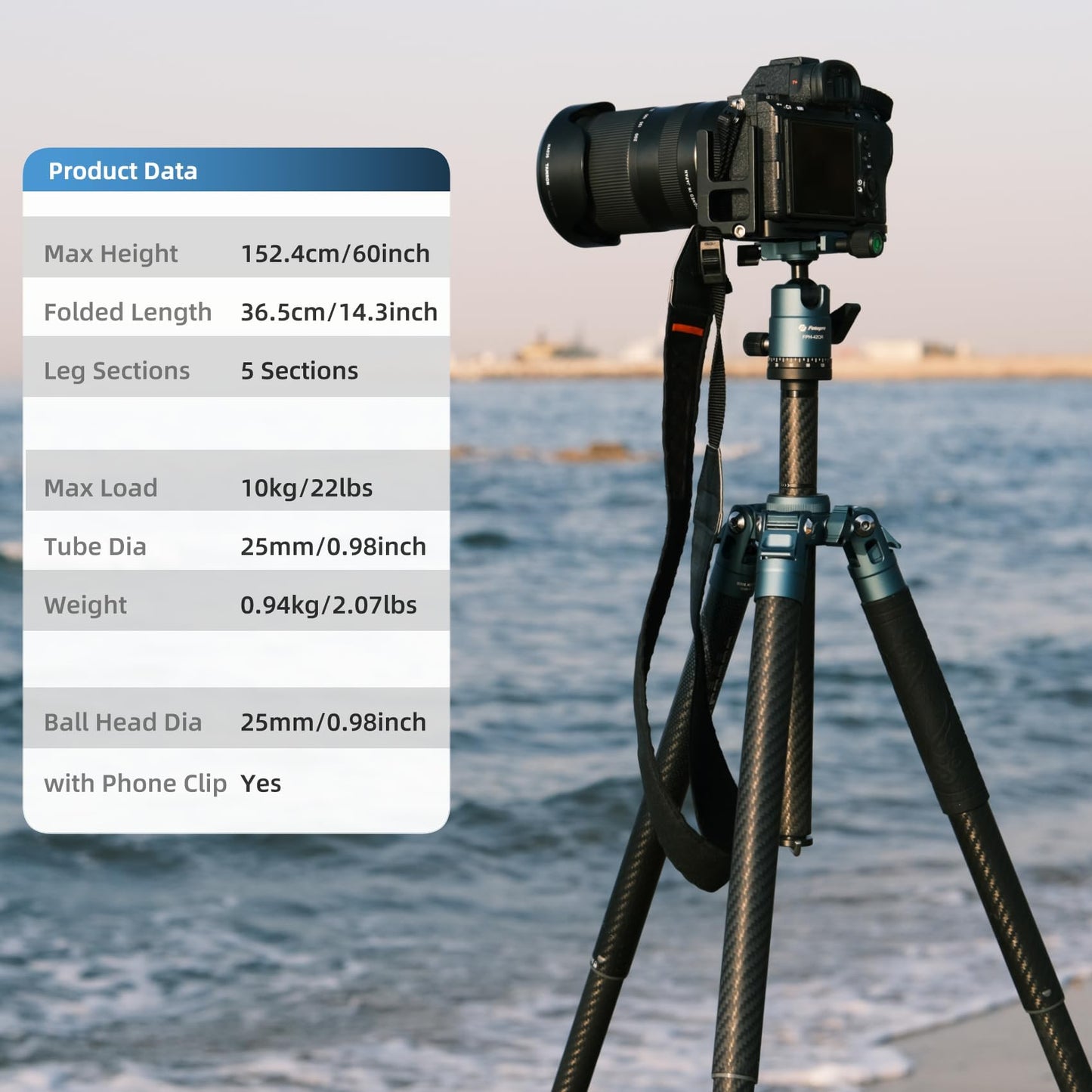 Fotopro Carbon Fiber Tripod 60 Inch 360 Degree Ball Head Quick Release Plate Lightweight Camera Tripod for Travel Folded Height Only 14.2", Max Loads up to 22lbs, X-Aircross 3 Blue