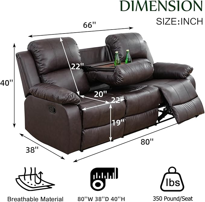 Caberryne Leather Recliner Sofa，Reclining Sofa for Living Room Furniture Sets，Light Brown Wall Hugger Recliner Couch with Cupholder for Living Room/Office/Theater Seating(3 Seater Sofa)