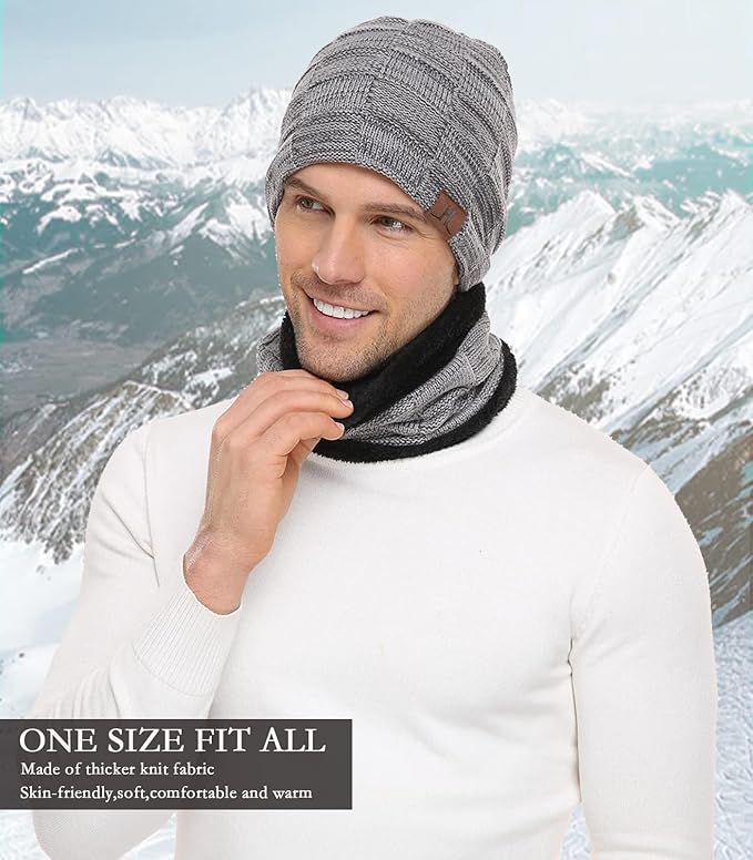 Mens Winter Beanie Hats Scarf Set Warm Knit Skull Cap Neck Warmer with Fleece Lined Winter Hat for Women