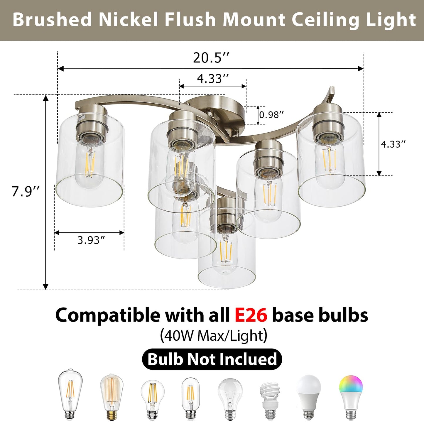 Brushed Nickel Flush Mount Ceiling Light, Kitchen Lighting Fixtures Ceiling, 6-Light Dining Room Light Fixture with Clear Glass Shade, Modern Ceiling Light Fixture for Bedroom, Living Room, Entryway