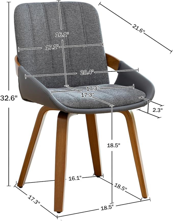 YOUUGIOR Dining Room Chairs Set of 2, Mid Century Modern Gray Fabric+Faux Leather Kitchen Chairs Armless,Bamboo Legs Side Chairs No Wheels,Accent Chair for Dining Rooms
