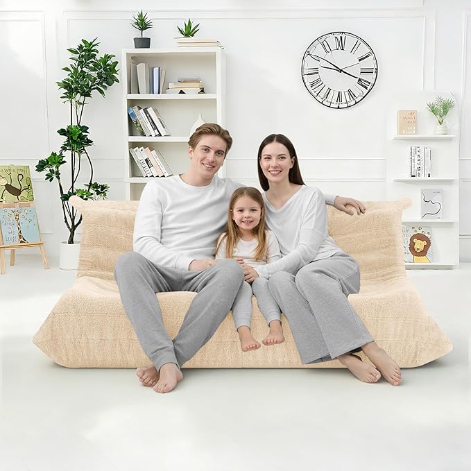 HABUTWAY Bean Bag Chairs Fireside Lazy Floor Sofa, Soft Teddy Fleece 3 Seater Sofa with High-Resilience Foam Filling，Beanbag for Living Room, Bedroom, Office (Khaki Teddy)