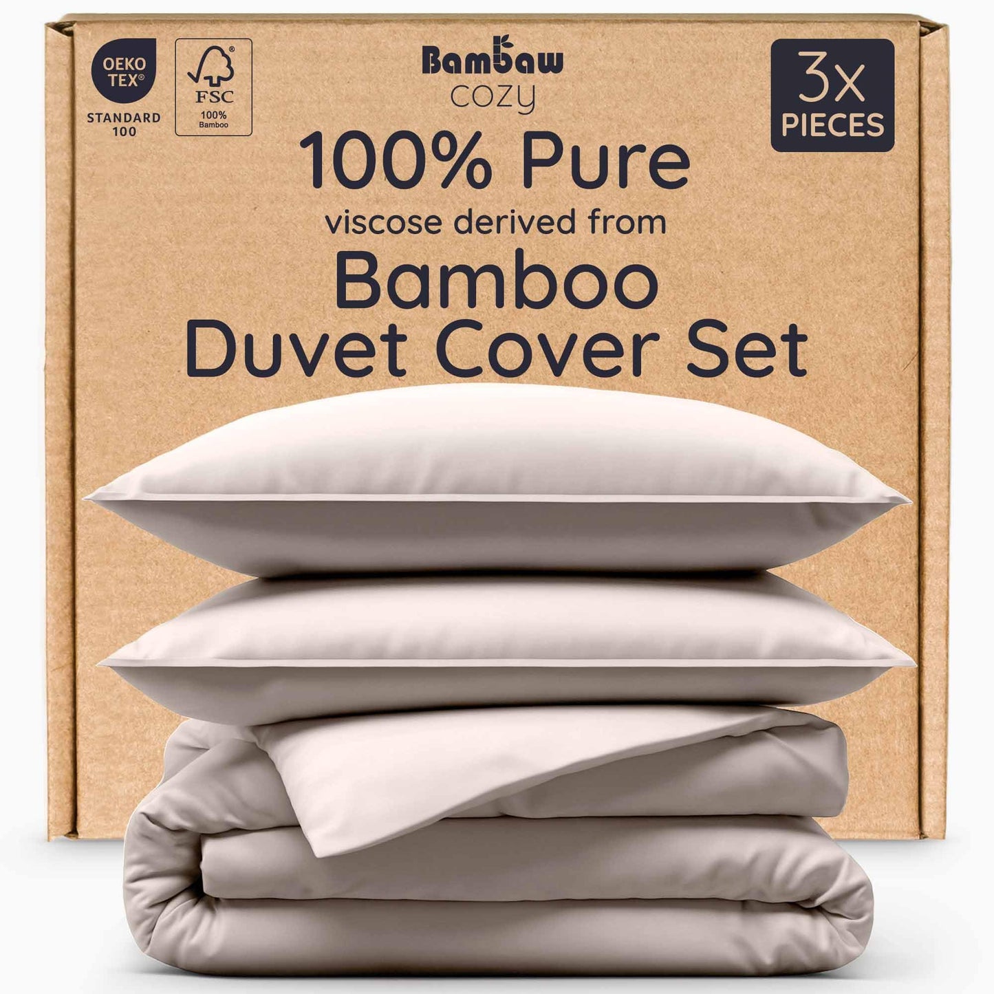 Bambaw 100% Viscose Derived from Bamboo Duvet Cover King Size – 3 Piece Cooling Duvet Cover Set King Size, Extra Soft & Breathable, No Comforter (Sand)