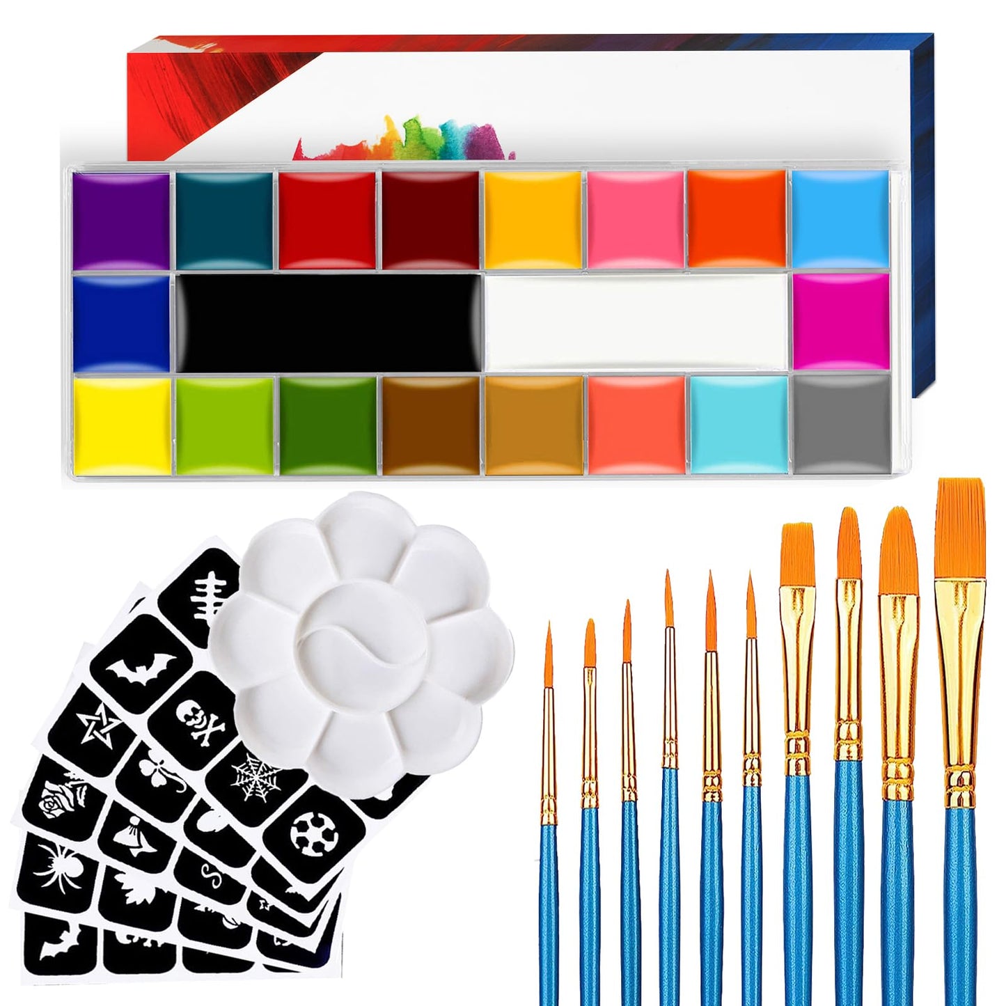 Face Paint,20 Colors Face Paint - Face Painting Kit,Oily Based Face Painting Kit For Kids Party With 10 Brushes 5 Sticker Stencils And Paint Tray, Body Paint For Kids And Adults Halloween Makeup
