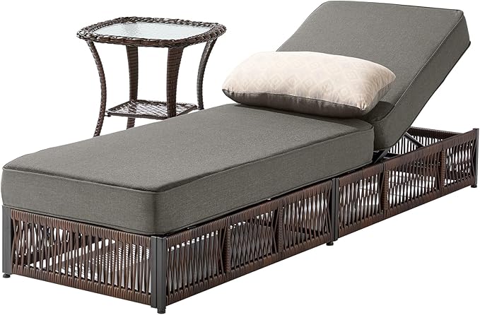 ACTREST Luxury 2PCS Outdoor Chaise Lounge and Side Table Set with 5 Inch Thick Cushions - High Back Brown Wicker Patio Recliners Chairs Lounger for Poolside Pool Porch Garden Sunbathing - Grey
