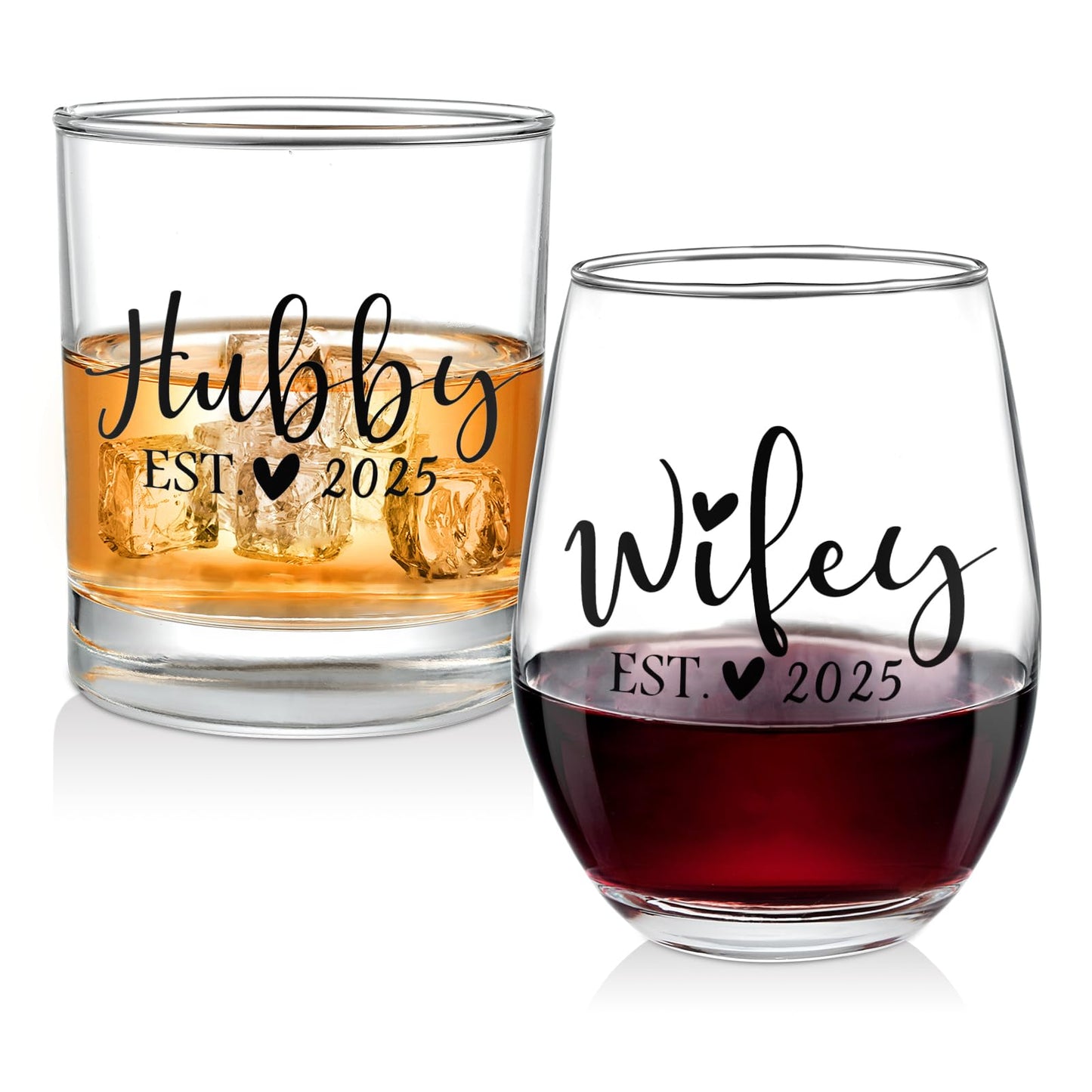 Jacriah Wedding Gifts for Couples - Hubby & Wifey EST 2025 Wine and Whiskey Glass Set - Engagement, Bridal Shower Gift for Newlyweds Mr. Mrs.
