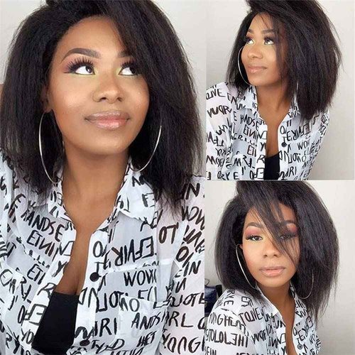 Alidiamond 16 Inch Kinky Straight Human Hair Wigs, 13x4, 180% Brazilian Remy Hair, Yaki Lace Front Wig for Women